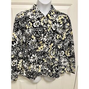 Lucy & Laurel Jacket Womens 3X  Black White Shirt‎ Floral Button Up 100% Linen